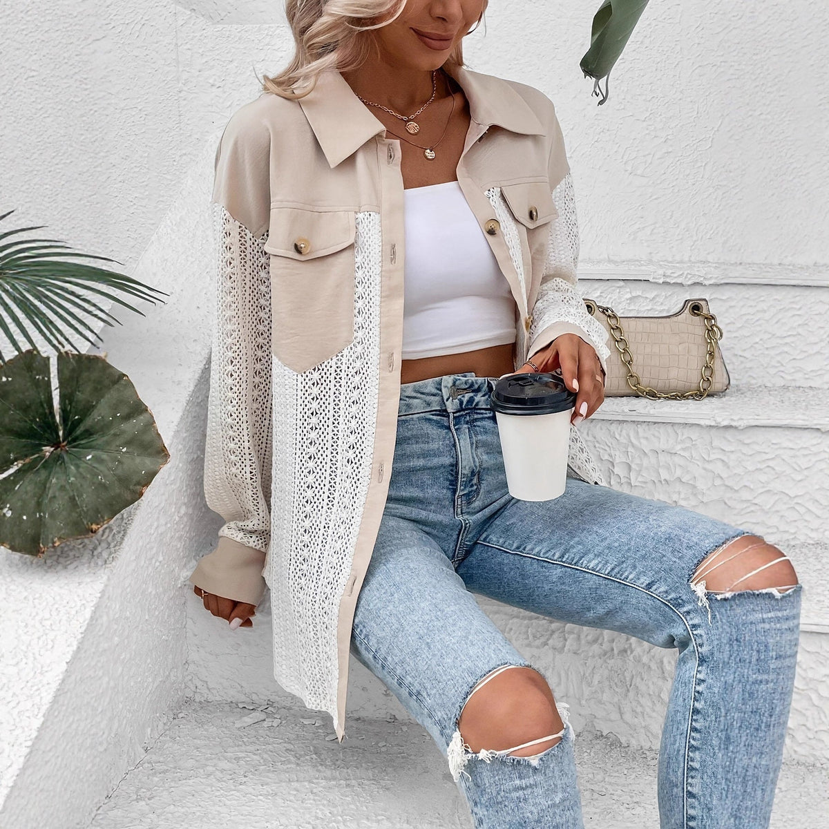 Elegant and Casual Knit Jacket with Lace Details