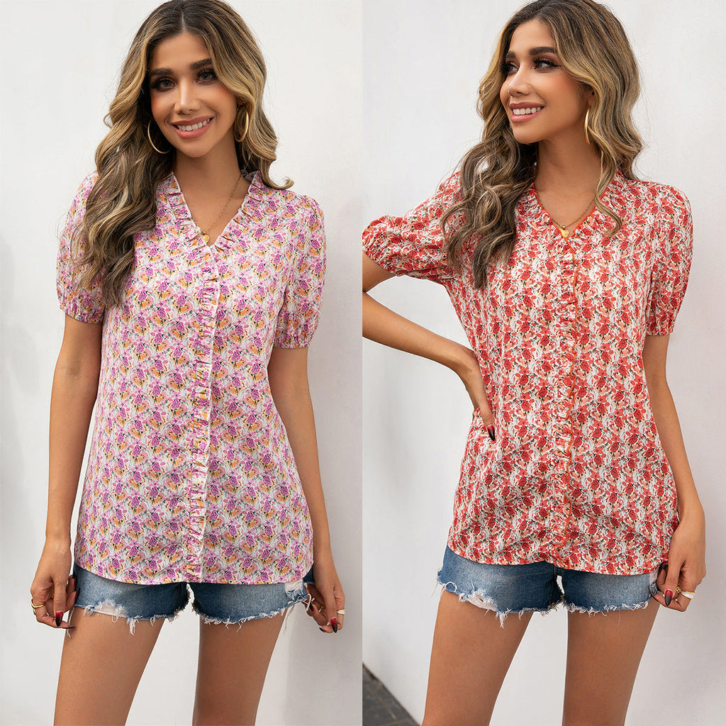 Women's Blouse with Ruffle Details and Floral Pattern