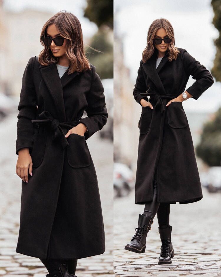 Women's Elegant Wrap Coat with Pockets and Tie Belt
