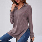 Women's Long Sleeve Shirt with Textured V-Neck and Ribbed Details
