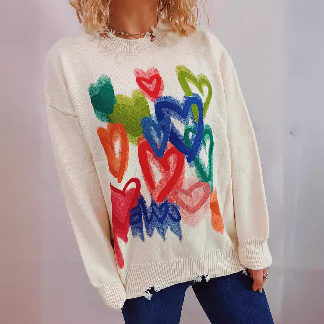 Women's Casual Sweater with Colorful Heart Motif