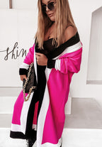 Women's Fashionable Long Knit Coat with Unique Color Block Design and Wide Collar