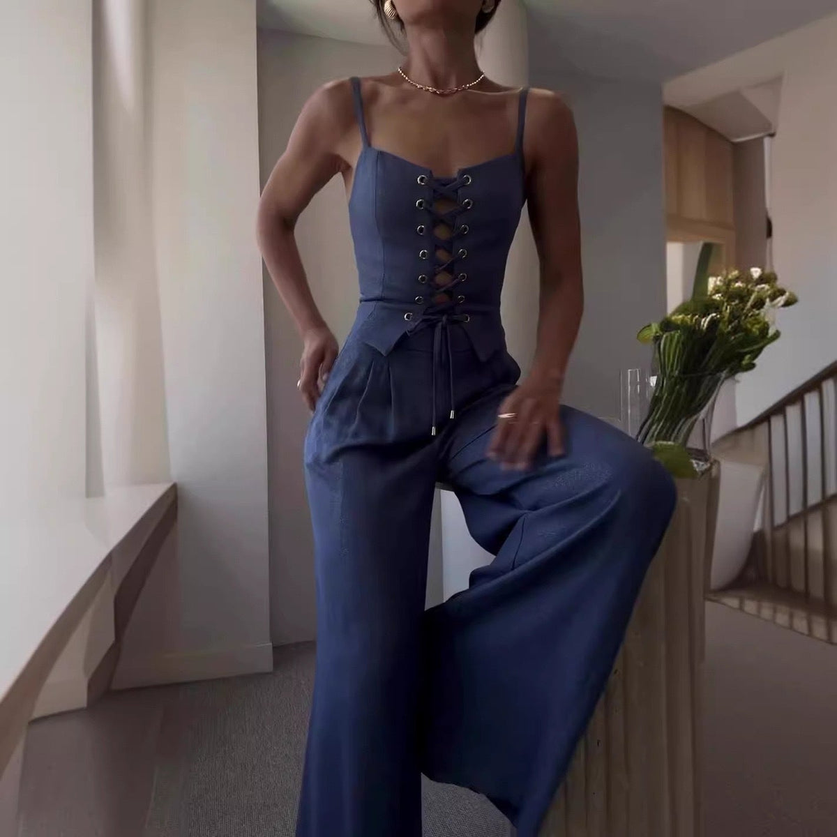 Elegant Lace-Up Wide Leg Jumpsuit