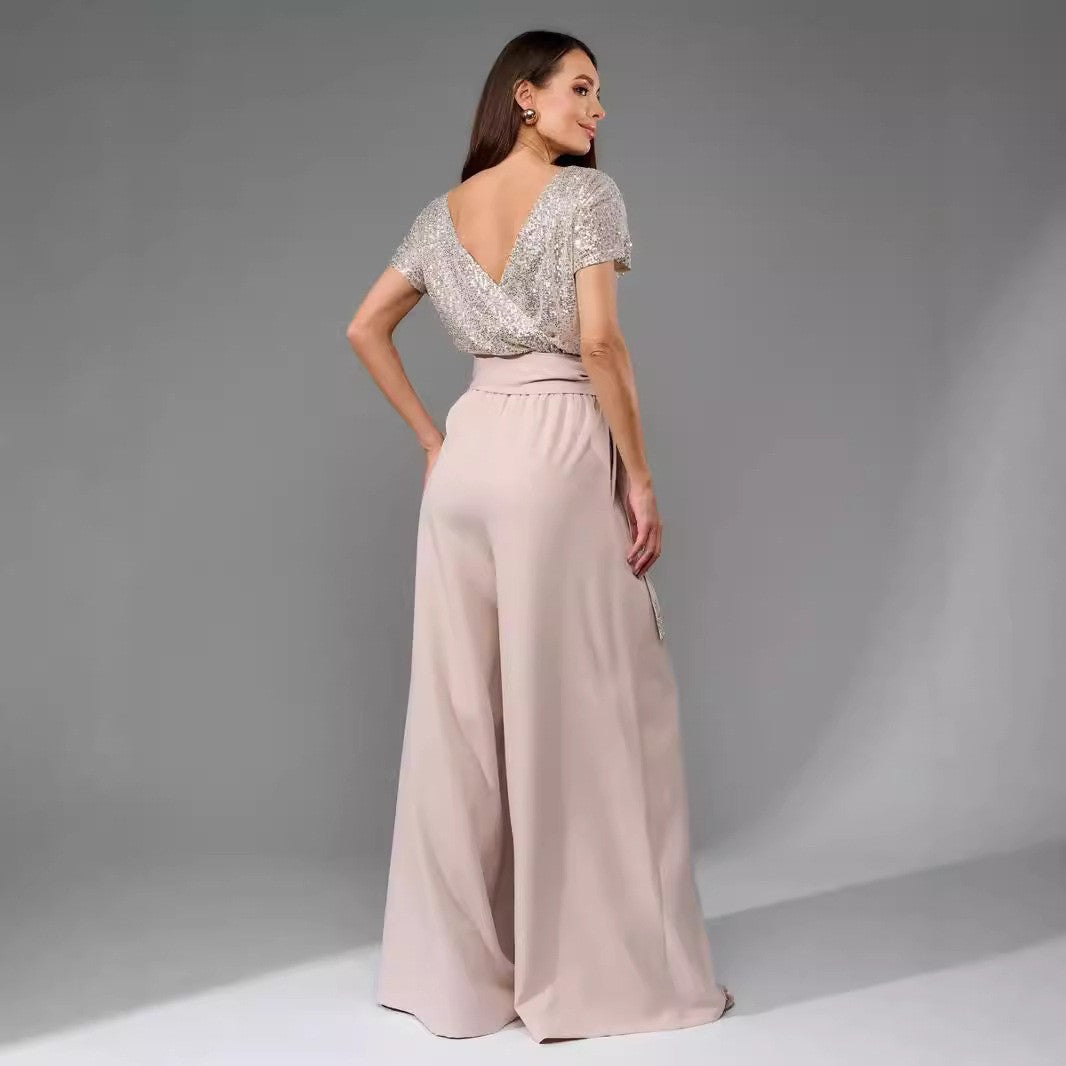 Glittering Wide-Leg Jumpsuit with Waist Belt