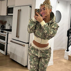 Unformal Contrast Color Overall Hoodie Long Sleeve Sweatshirt Pants Two Piece Camouflage Cardigan Pants Set