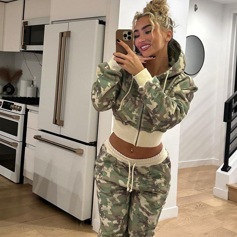 Unformal Contrast Color Overall Hoodie Long Sleeve Sweatshirt Pants Two Piece Camouflage Cardigan Pants Set