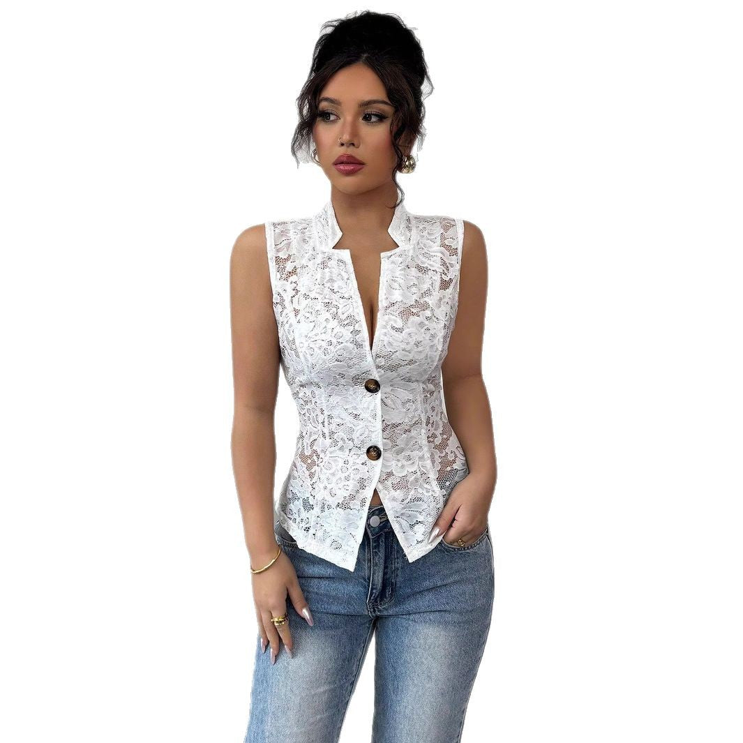 Women's Lace Shirt Blouse with Elegant Button Placket