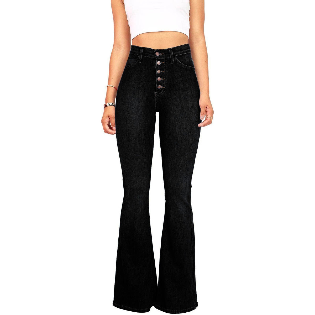 Women's High-Waisted Flared Jeans with Decorative Button Placket