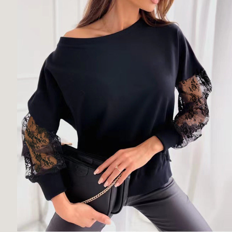 Elegant Sweater with Sheer Lace Sleeves and Asymmetric Neckline