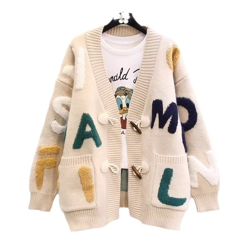 Women's Chunky Knit Cardigan with Colorful Accents and Large Pockets