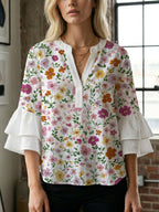 Women's Blouse Shirt with Voluminous Sleeves and Creative Print Design