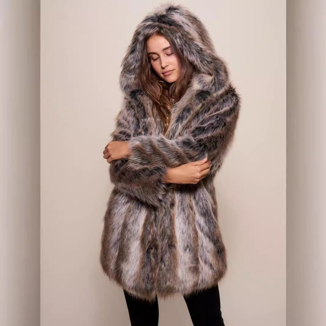 Women's Luxurious Faux Fur Coat with Hood