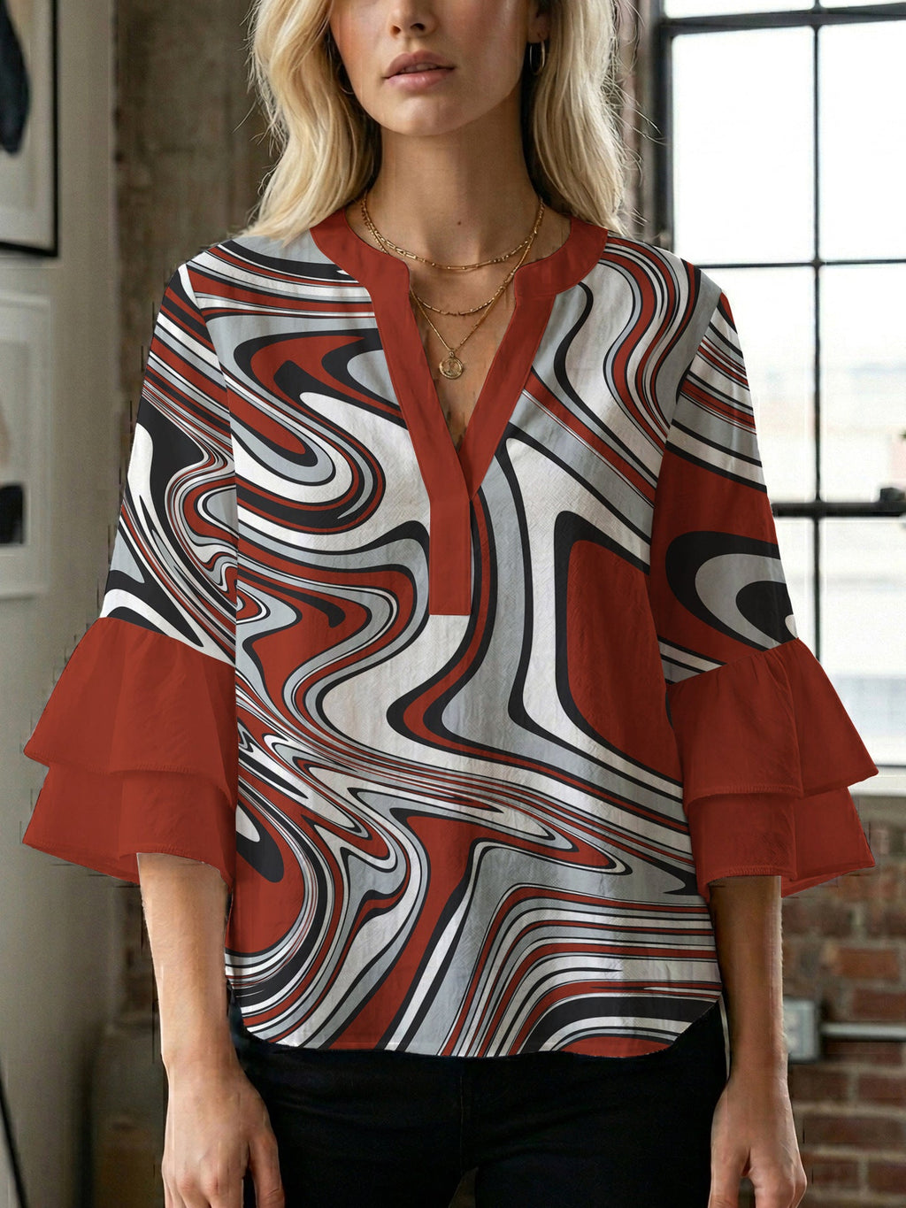 Women's Blouse with Voluminous Flutter Sleeves and Leaf Print