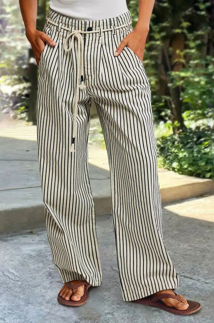 Women's Comfortable Beach Pants with Casual Stripe Pattern and Braided Waistband