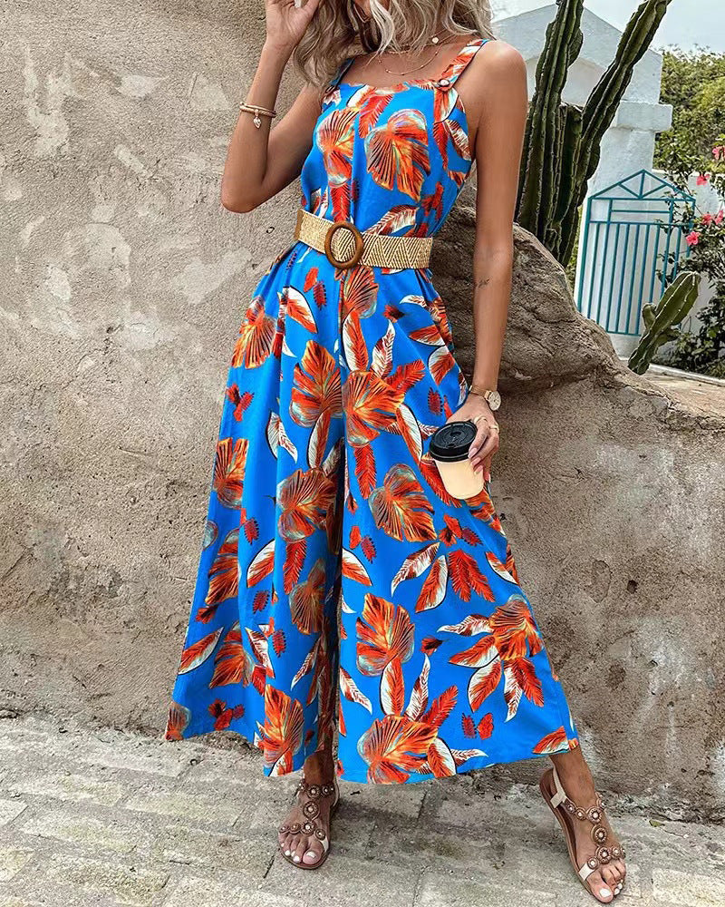 Women's Casual Floral Print Wide-Leg Jumpsuit
