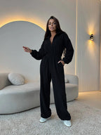 Elegant Jumpsuit with Short Zipper and Elastic Waistband