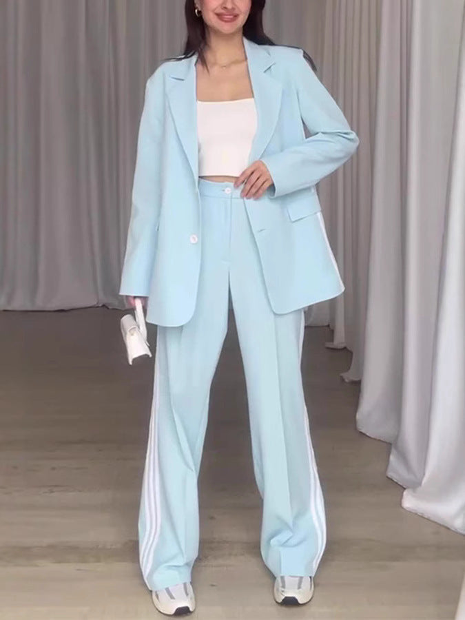 Women's Fashionable Blazer and Pants Set with Contrast Stripes
