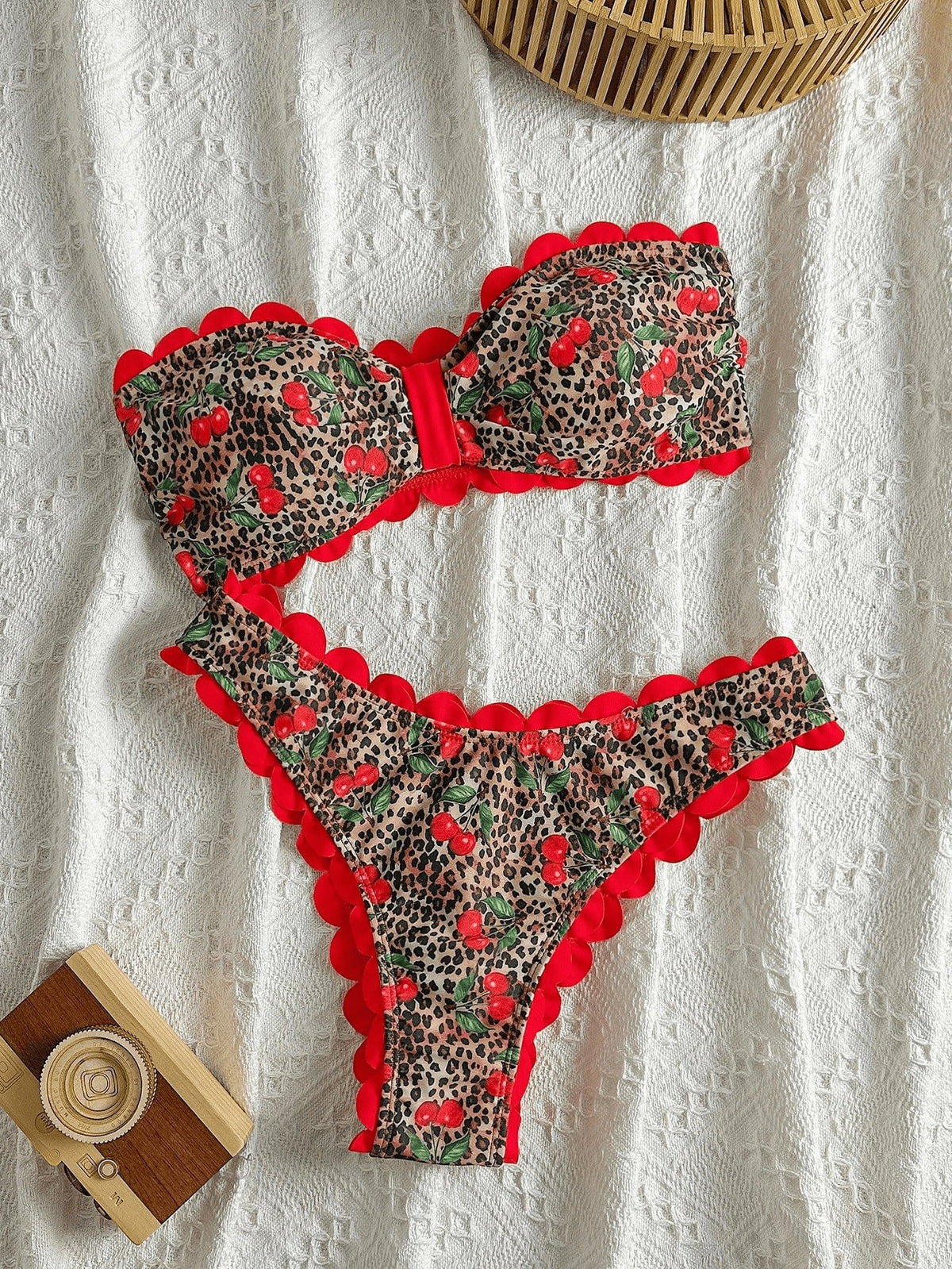 Women's Bandeau Bikini with Leopard Print and Ruffles