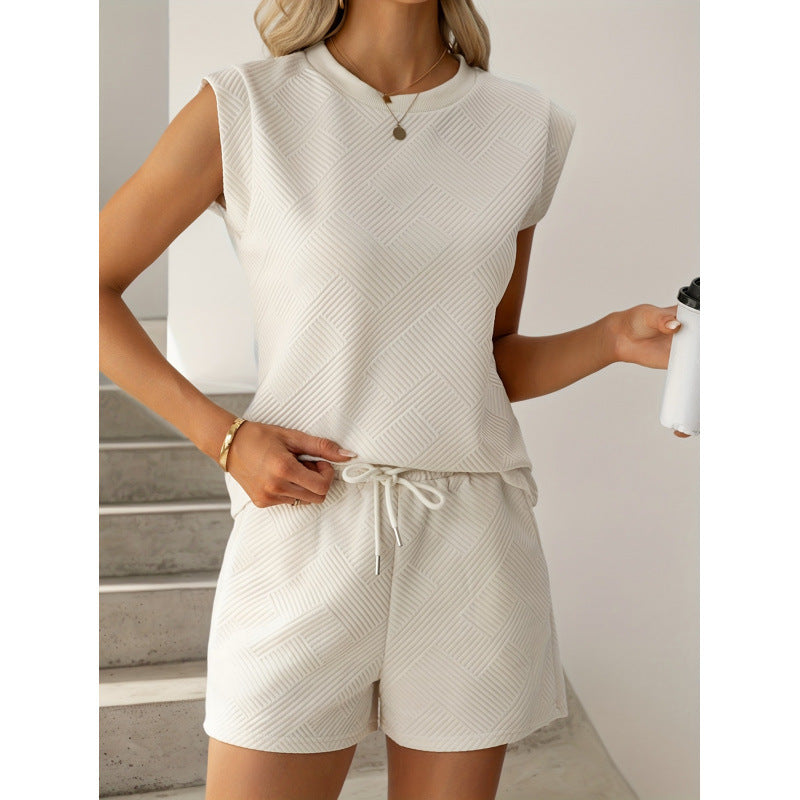 Women's Short-Sleeve Overall with Ruffle Details and Tie Belt