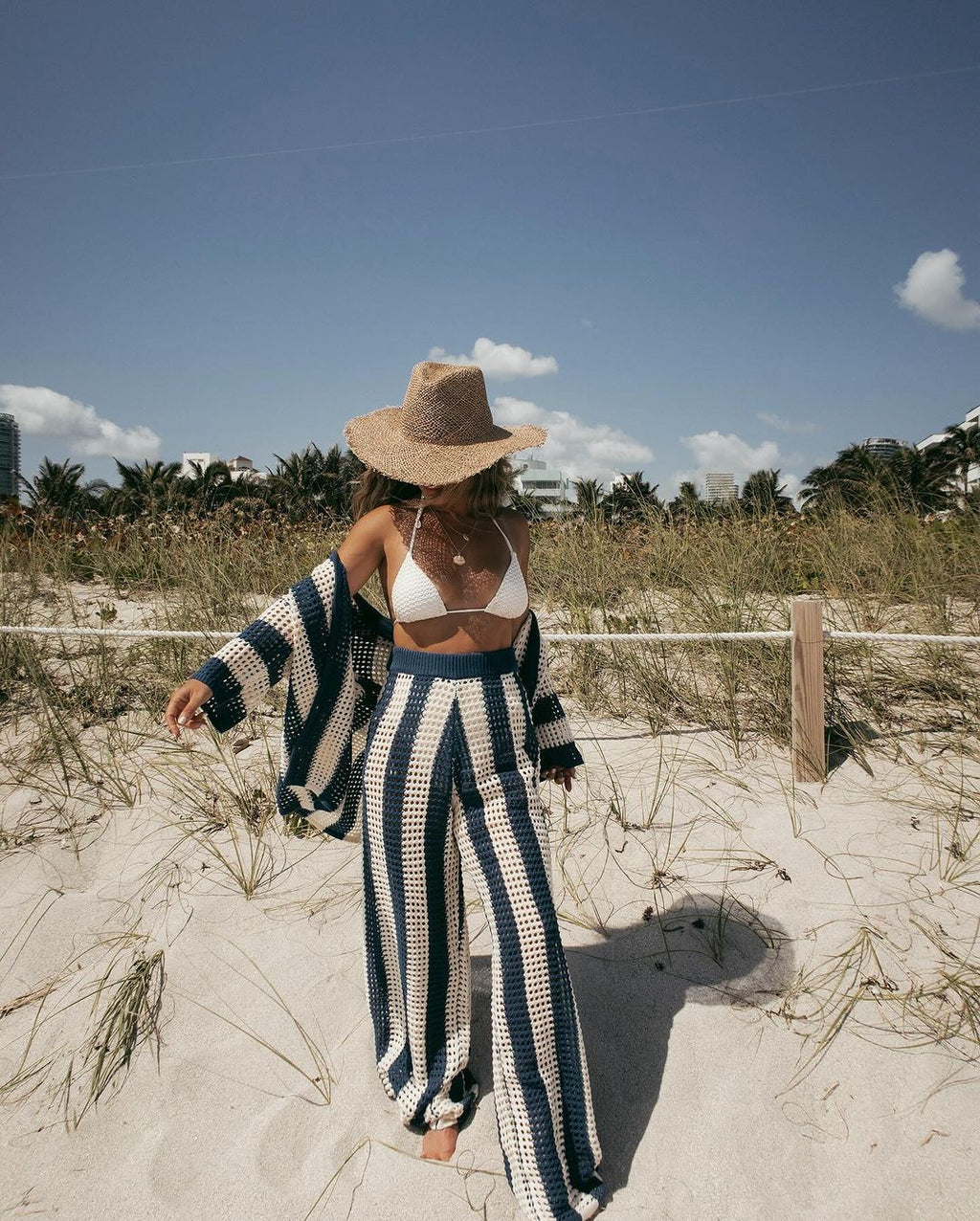 Women's Crocheted Leisure Suit with Wide Stripe Pattern and V-Neck