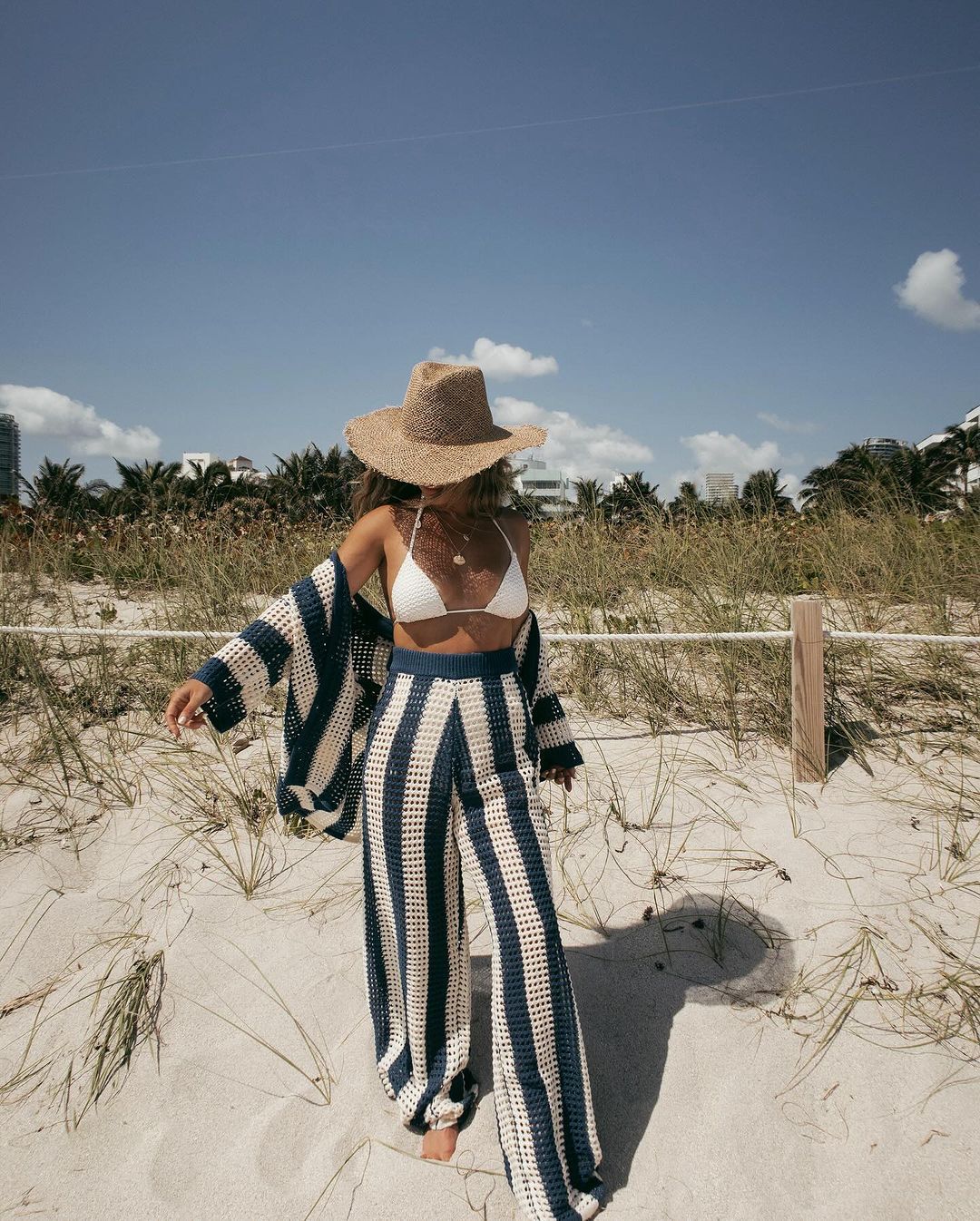 Women's Crocheted Leisure Suit with Wide Stripe Pattern and V-Neck