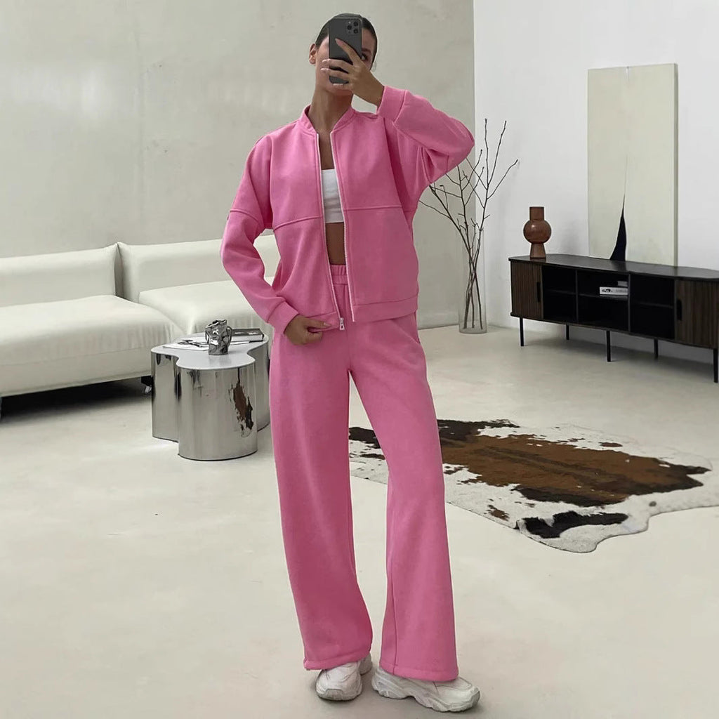 Women's Casual Zip Lounge Set with Stand Collar and Wide High-Waist Joggers