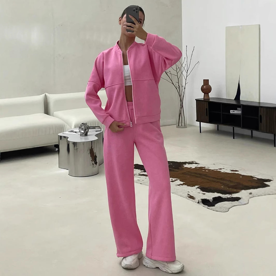Women's Casual Zip Lounge Set with Stand Collar and Wide High-Waist Joggers