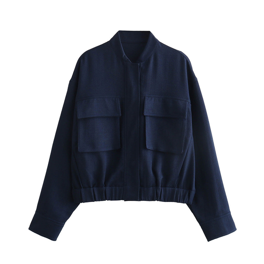 Women's Elegant Utility Jacket with Large Pockets and Elastic Hem