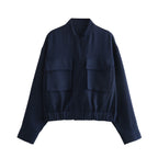 Women's Elegant Utility Jacket with Large Pockets and Elastic Hem