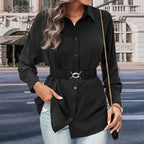 Women's Blouse with Adjustable Belt and Classic Button Design