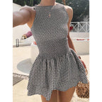 Women's Sleeveless Mini Dress with Plaid Pattern and Elastic Waist