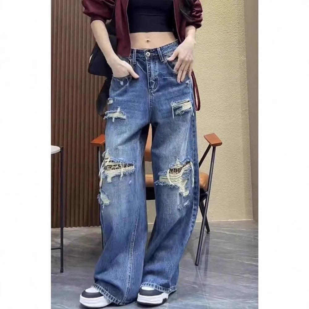 Women's Baggy Jeans with Distressed Details and High Waist
