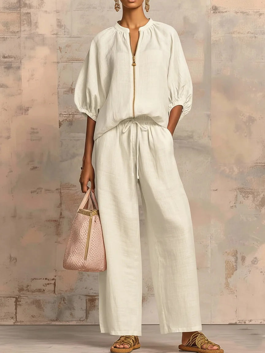 Women's Airy Two-Piece Set with Modern Collar and Zipper