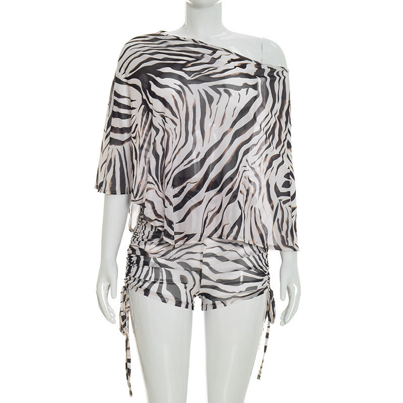 Women's Casual Beach Set with Asymmetrical Top and Ruched Shorts