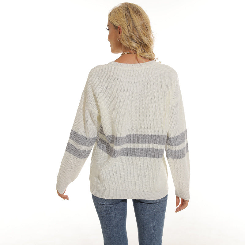 Women's Chunky Knit Sweater with Sporty Stripe Pattern and Loose Fit