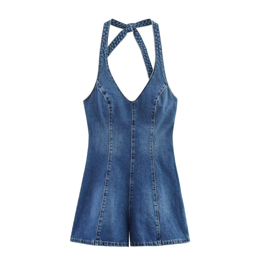Women's Denim Jumpsuit with Crisscross Straps