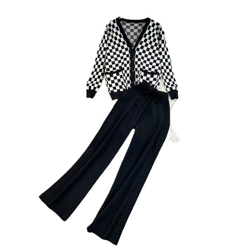 Women's Casual Plaid Leisure Suit with Wide-Leg Trousers