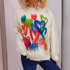 Women's Casual Sweater with Colorful Heart Motif