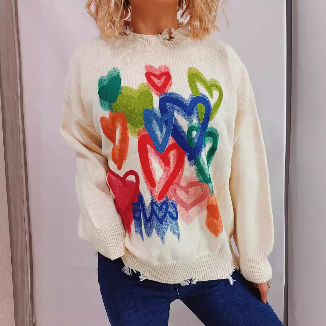 Women's Casual Sweater with Colorful Heart Motif