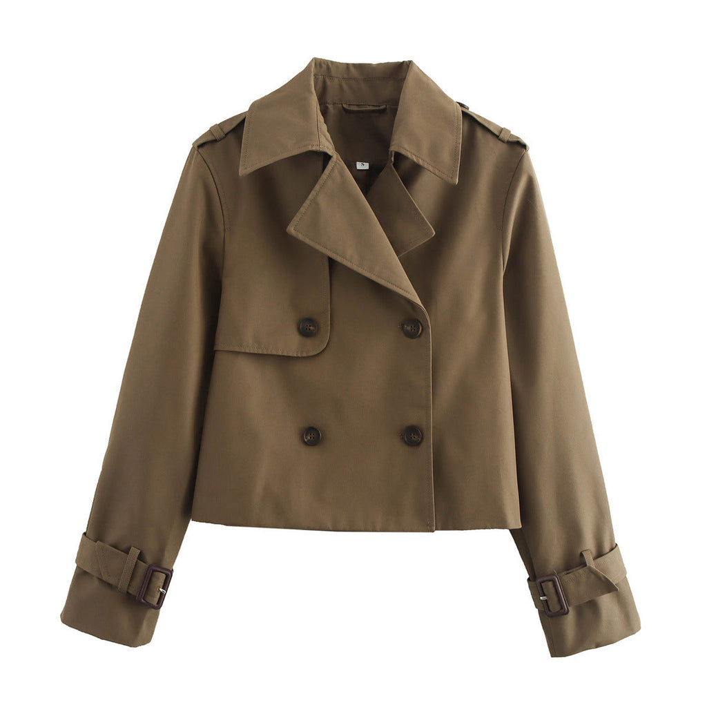 Women's Cropped Trench Jacket with Double-Breasted Button Placket and Adjustable Sleeves