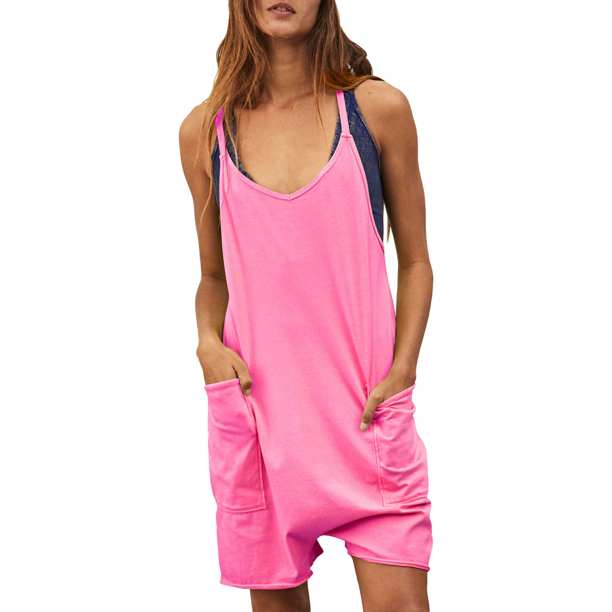Women's Comfortable Jumpsuit with Deep Neckline and Pockets