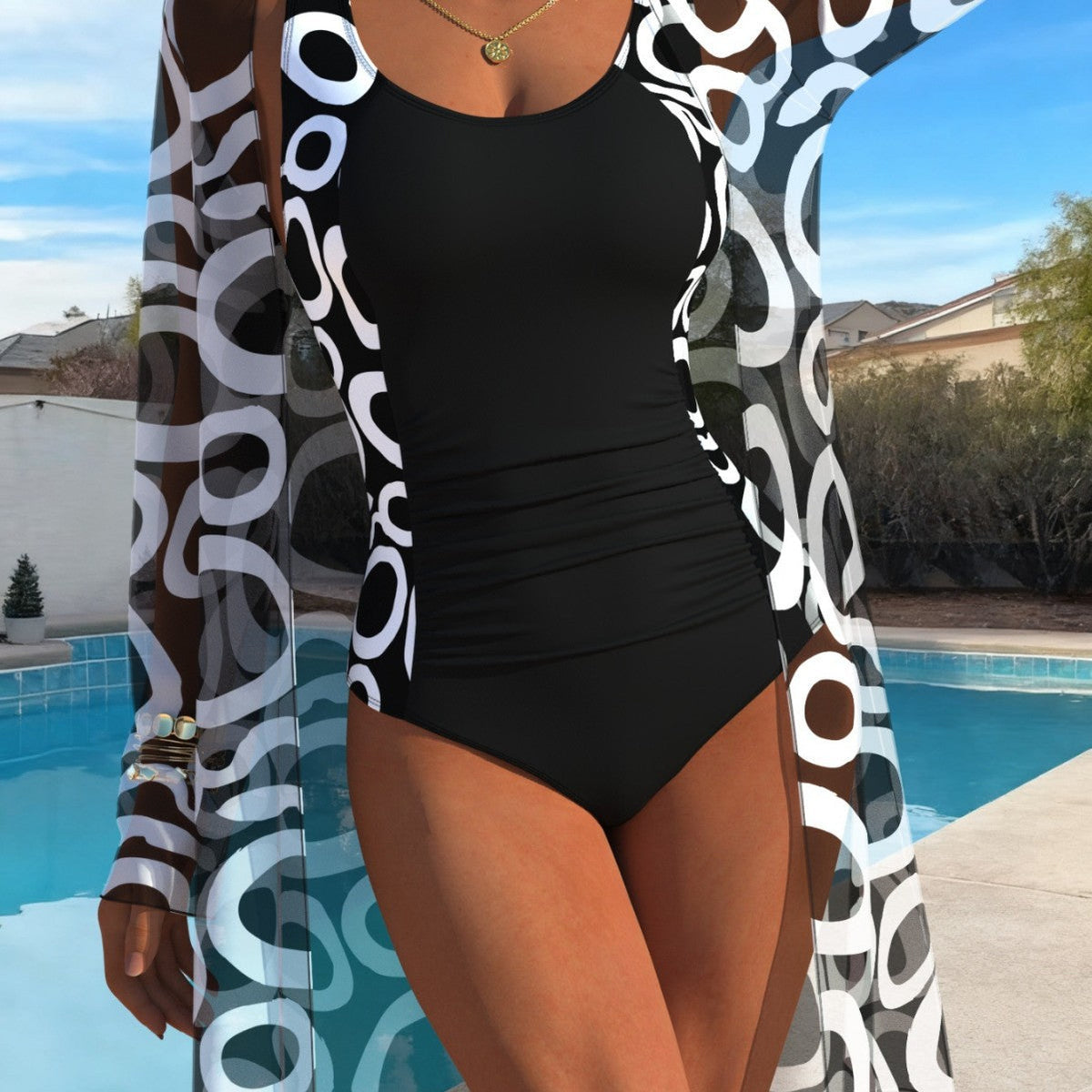 Women's Swimsuit with Leopard Print and Sheer Cover-Up