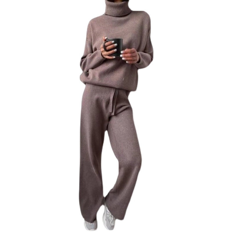 Women's Elegant Knit Loungewear Set with High Neck and Wide Leg