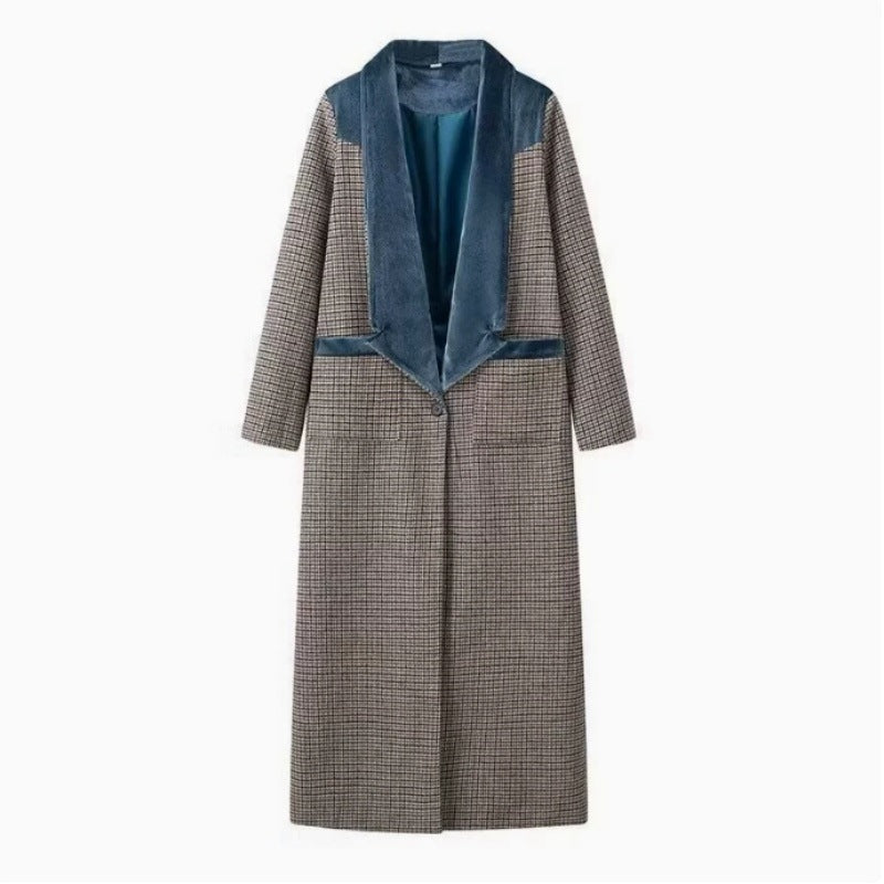 Women's Elegant Long-Sleeve Coat with Velvet Accents
