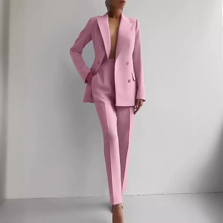 Women's Elegant Double-Breasted Blazer and Tailored Trousers