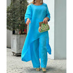 Women's Casual Linen Look Two-Piece with Asymmetrical Long Tunic and Wide Palazzo Pants