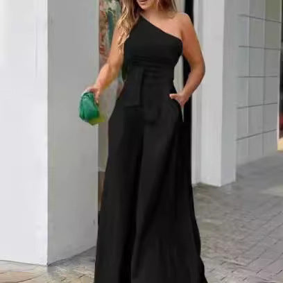 Elegant One-Shoulder Jumpsuit with Wide Leg and Waist Belt