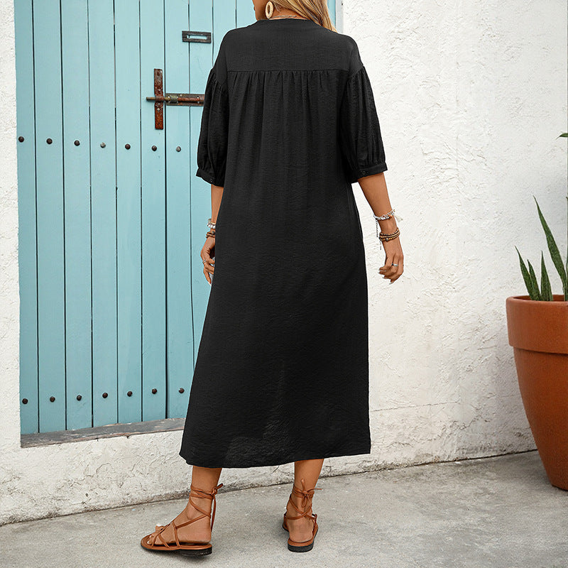 Women's Embroidered A-Line Shirt Dress with Button Placket and 3/4 Balloon Sleeves