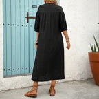 Women's Embroidered A-Line Shirt Dress with Button Placket and 3/4 Balloon Sleeves
