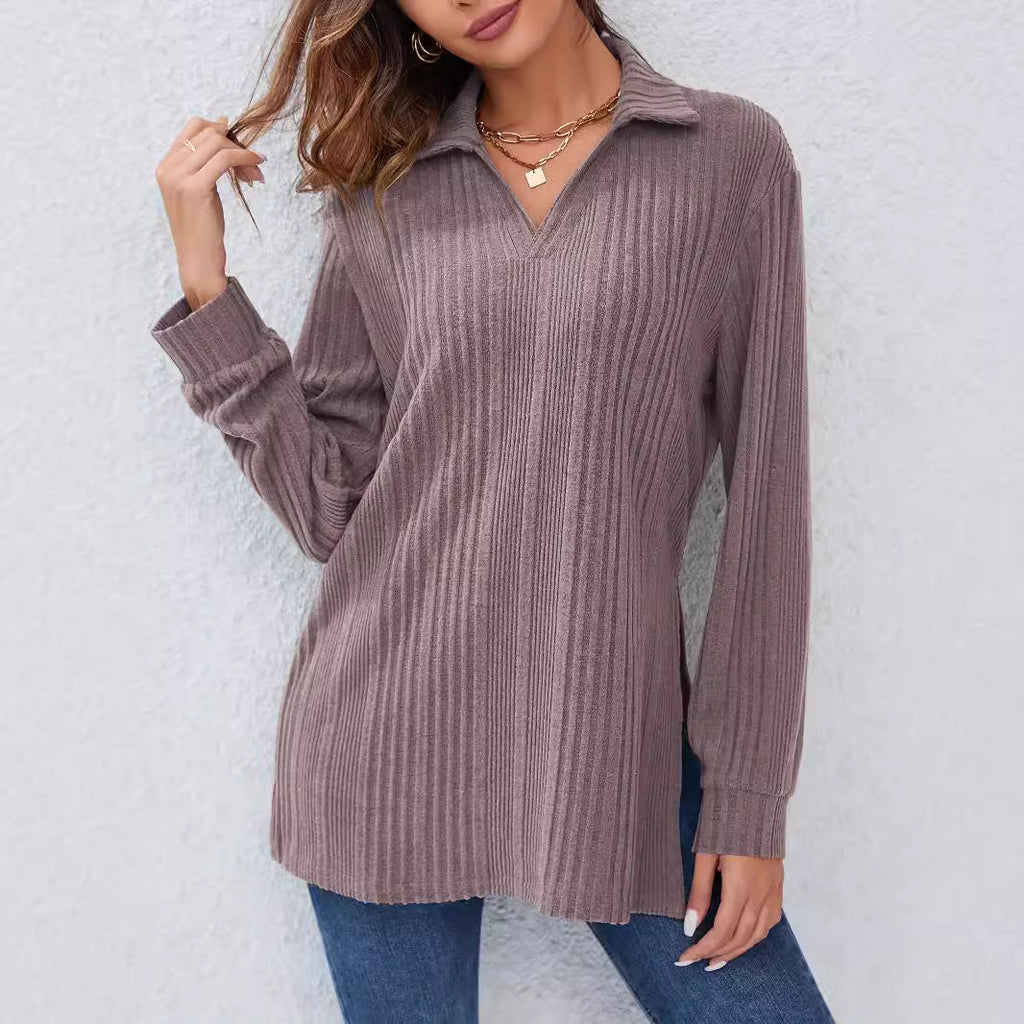 Women's Long Sleeve Shirt with Textured V-Neck and Ribbed Details